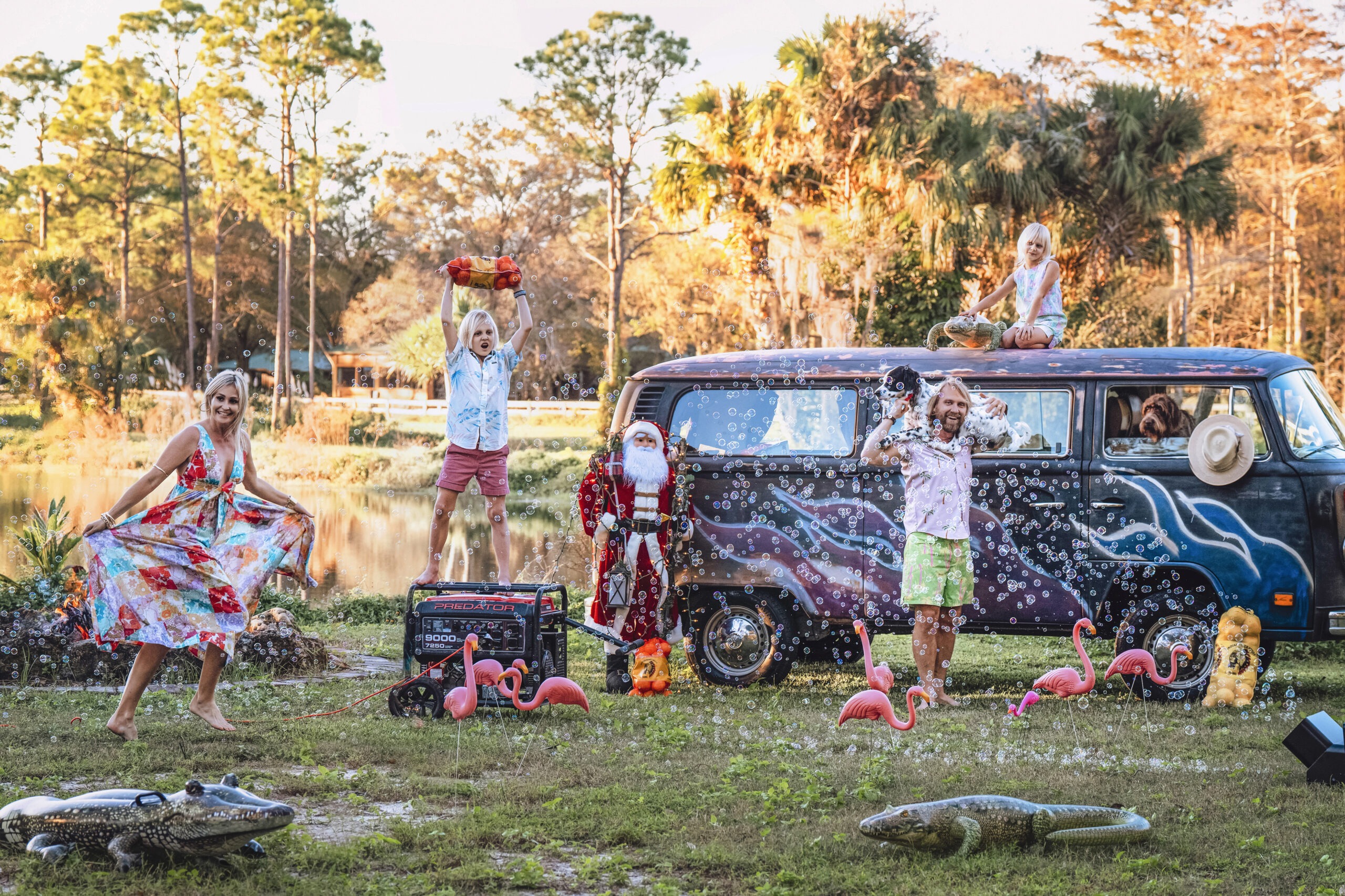 A extra fun and super wild Florida Family playing their charming characters during this Doremus family photo shoot at Hawks Landing in Jupiter Farms with legendary portrait artist and family photographer, David Scarola.